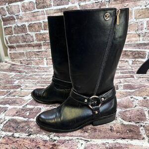 Sam & Libby Black Tall Riding Boots‎ Side Zip Gold Buckle Detail Womens Size 5